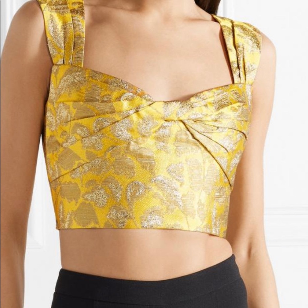 2018 Prada Chartreuse Pewter Gold Brocade Floral Bra Cropped Blouse Size 42